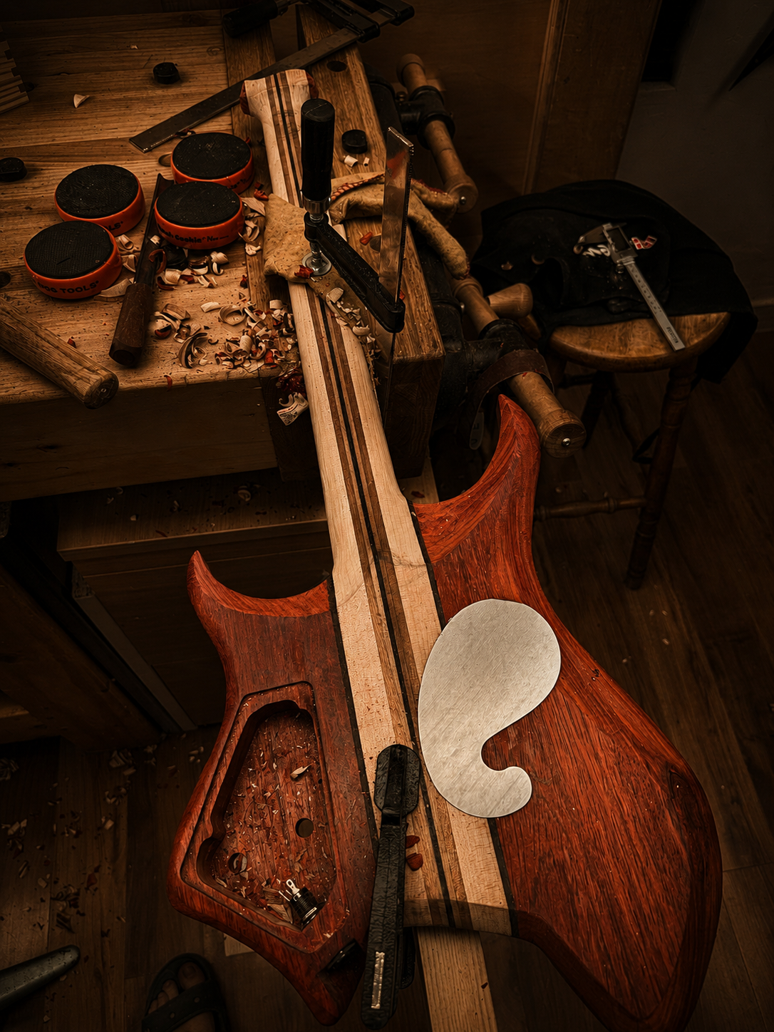 Padauk guitar body and laminated neck being carved by hand